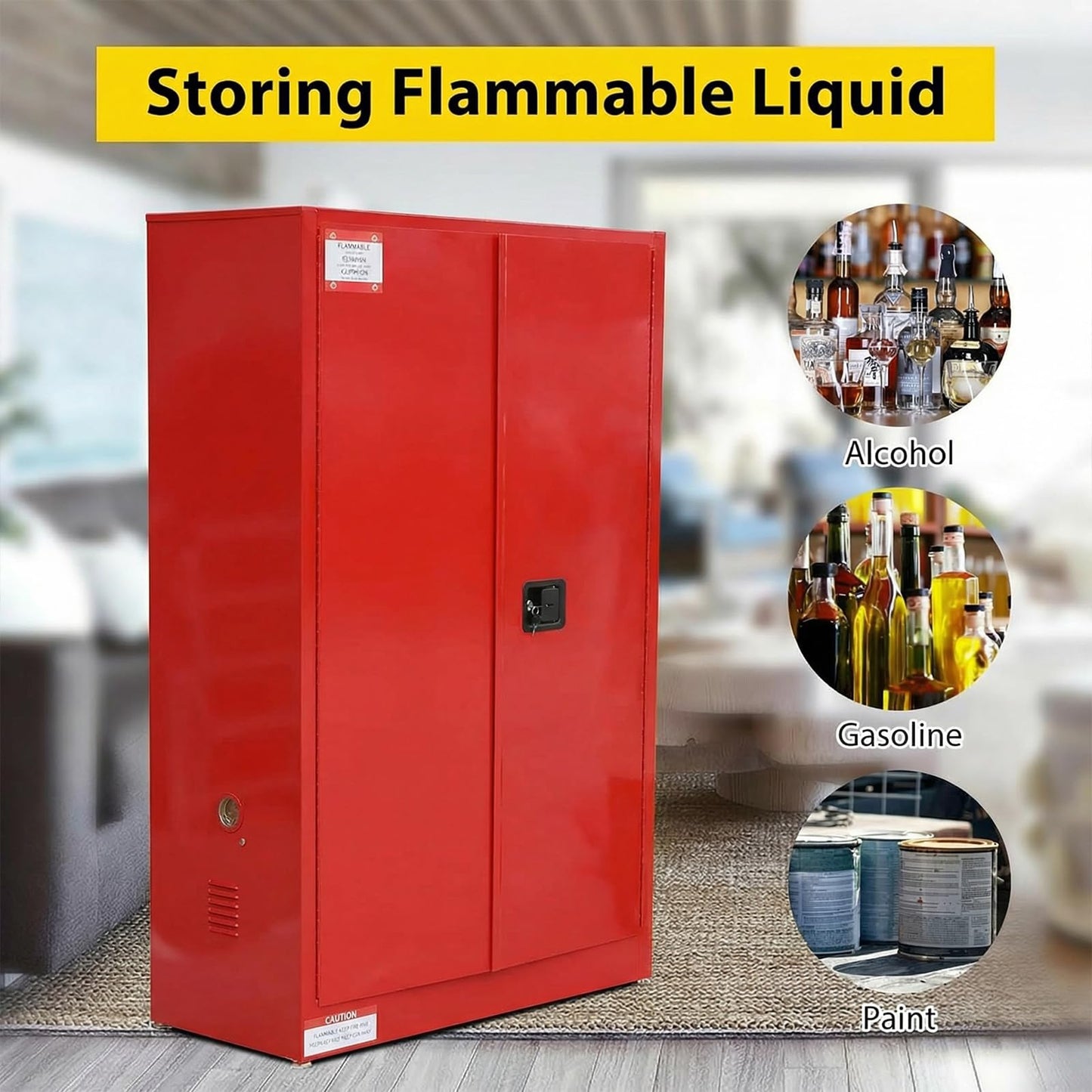 45 Gallon Flammable Safety Cabinet, Industrial Yellow Steel Storage for Flammable Liquids, 2 Adjustable Shelves, Double-Wall Fireproof Cabinet with Manual Close Doors & Vents - Red