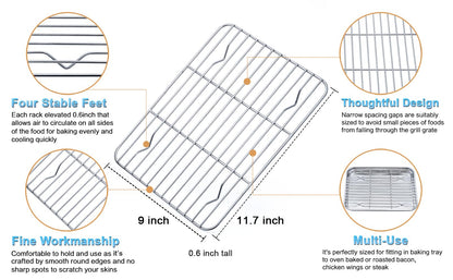 TeamFar Toaster Oven Pan, 12.4’’ x 9.7’’ x 1’’ Stainless Steel Baking Pan Tray Cooling Wire Rack with Silicone Mat Set for Cooking Use, Healthy & Sturdy, Oven & Dishwasher Safe, Set of 3