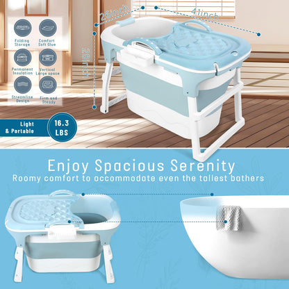 PlayNeew 103cm Portable Folding Bathtub, Small Foldable Soaking Tub with Ergonomic Seat & Massage Roller, Large Collapsible Freestanding Tub for Adults, Hot/Ice Bath Blue