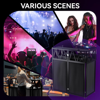 RDCMKL Two-Tier DJ Table Stand Portable Booth - 40" Dual-Layer Heavy Duty Metal DJ Stand with Laptop Shelf & 8 Scrims, Foldable DJ Event Facade with Adjustable Feet for Mobile DJ, Club, Weddings (Double Layer)