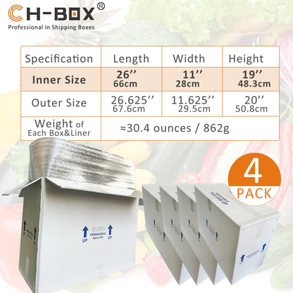 CH-BOX Insulated Cold Shipping Boxes with Liners, 4 Pack 26'' x 11'' x 19'', for Perishable Frozen Food, White (TB261119L-4)