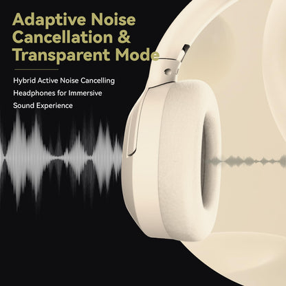 SunoFi Hybrid Active Noise Cancelling Headphones, Wireless Over Ear Bluetooth Headphones with Mic, 40H Playtime, Hi-Res Audio, Deep Bass, Foldable Comfort Fit Ear Cups for Travel, Office, Home (White)