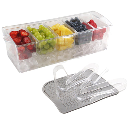 Ice Chilled Condiment Containers with Hinged Lid - Chilled Condiment Server with Lid, Clear Serving Tray Includes 5 Detachable Compartments, 3 Tongs, 3 Spoon and 1 Grey Pad