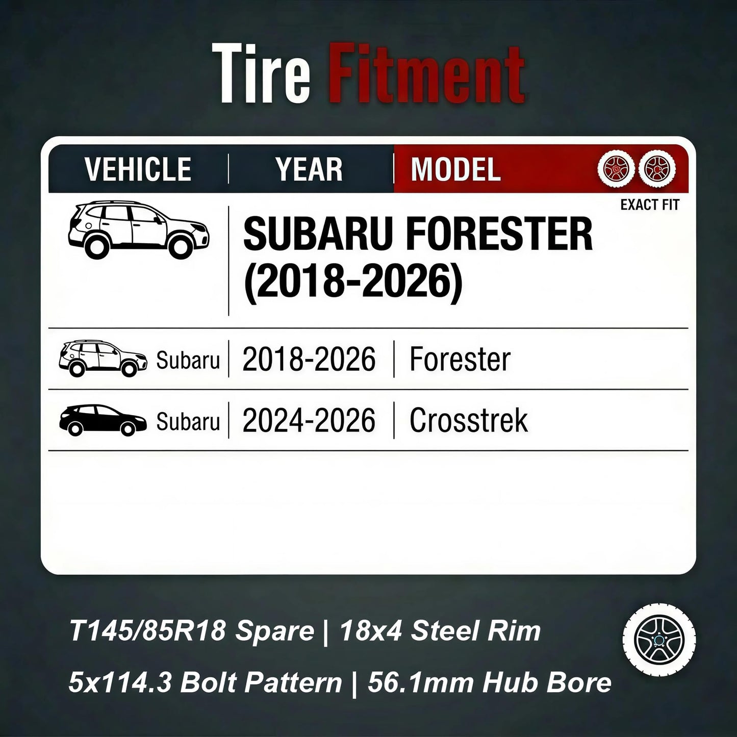 YIFSPARE Spare Tire Kit Compatible with 2018-2026 Forester, 2024-2026 Crosstrek - Includes 18x4 Rim, 145/85R18 Spare Wheel, 27.7" Rolling Diameter, Includes car Jack kit and Spare tire Carrying Case.