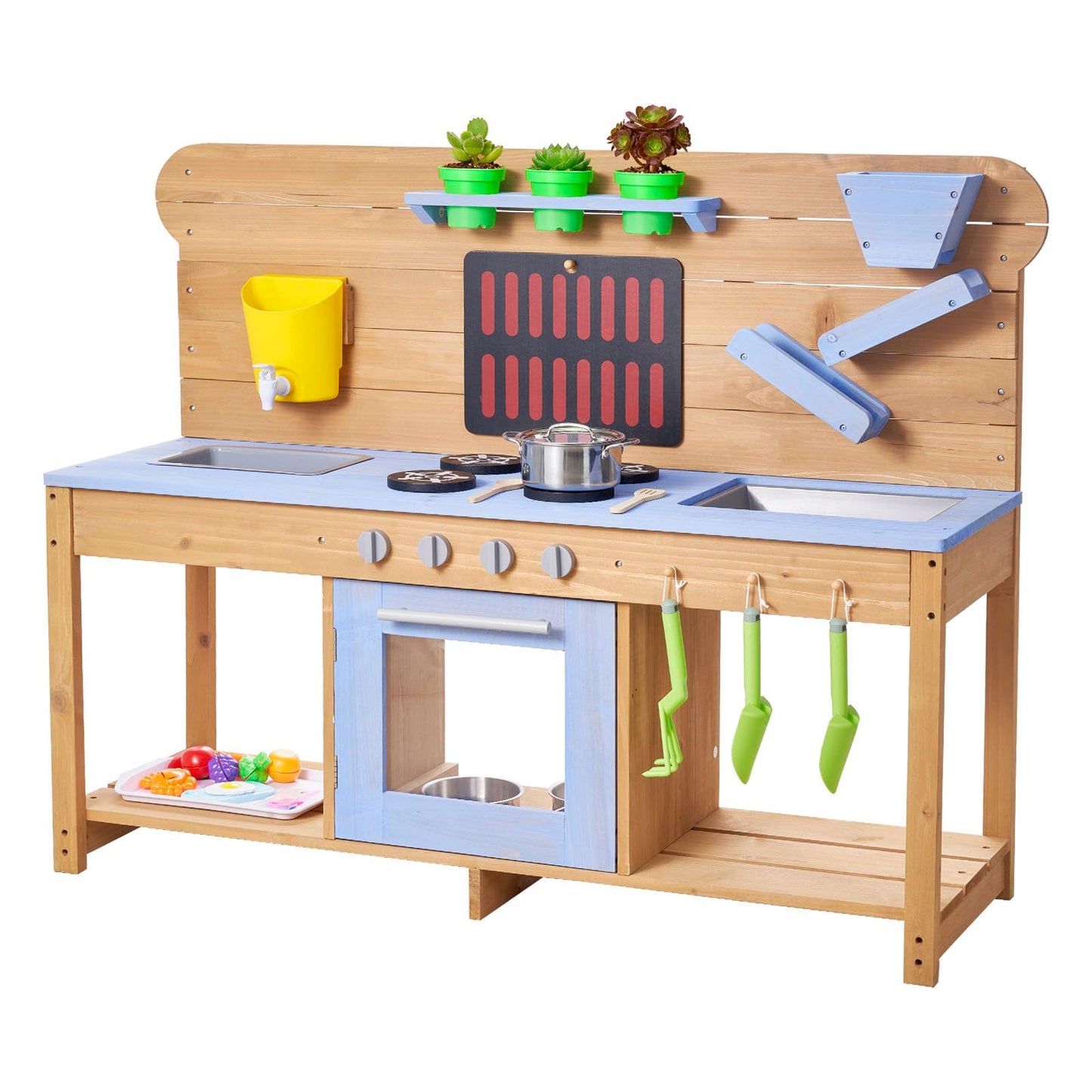 VEVOR Mud Kitchen, Outdoor Mud Kitchen for Kids, Wood Outdoor Play Kitchens with Stoves, Hooks, Double Sinks, Planting Shovels, Spatulas, Cookware Pots and Accessories, Play with Water and Sand