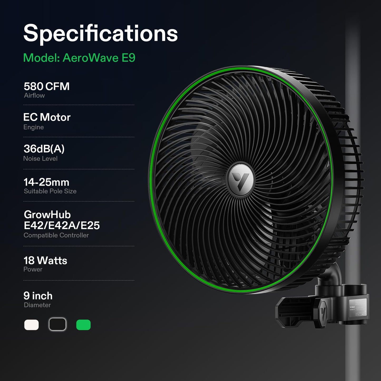 VIVOSUN AeroWave E9 Grow Tent Fan, 9" Auto Oscillating Clip Fan with EC Motor, US Patented Circulation Fan, IP54 Weatherproof, Strong Airflow & Quiet for Hydroponic Ventilation (Pack of 2)