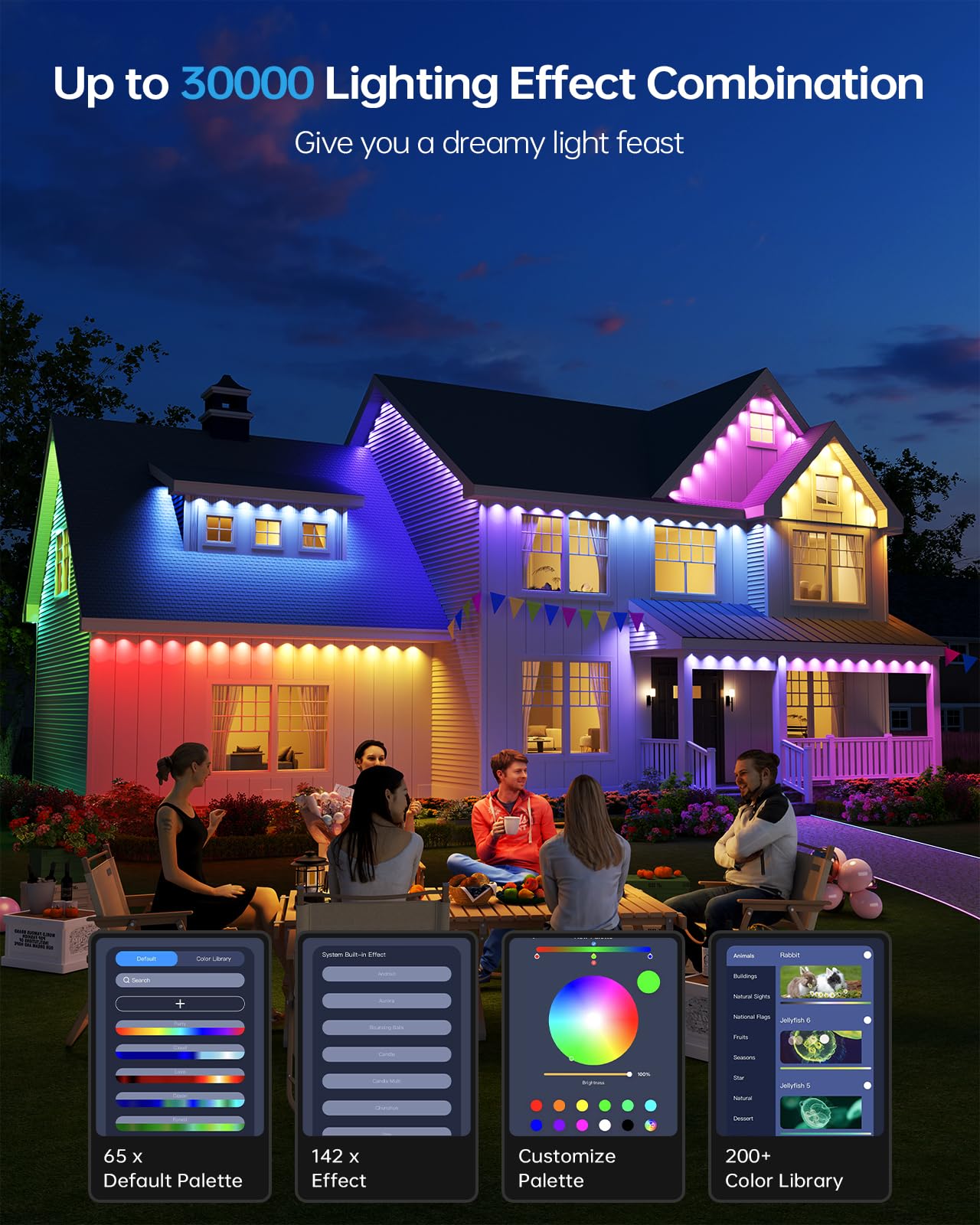 ASAHOM AI Permanent Outdoor Lights S107C, 150FT with 108 RGBCW LED Lights and Dual Output, 30,000 Lighting Effect Combination, IP67 Waterproof for House Halloween Christmas and Daily Decoration, Black