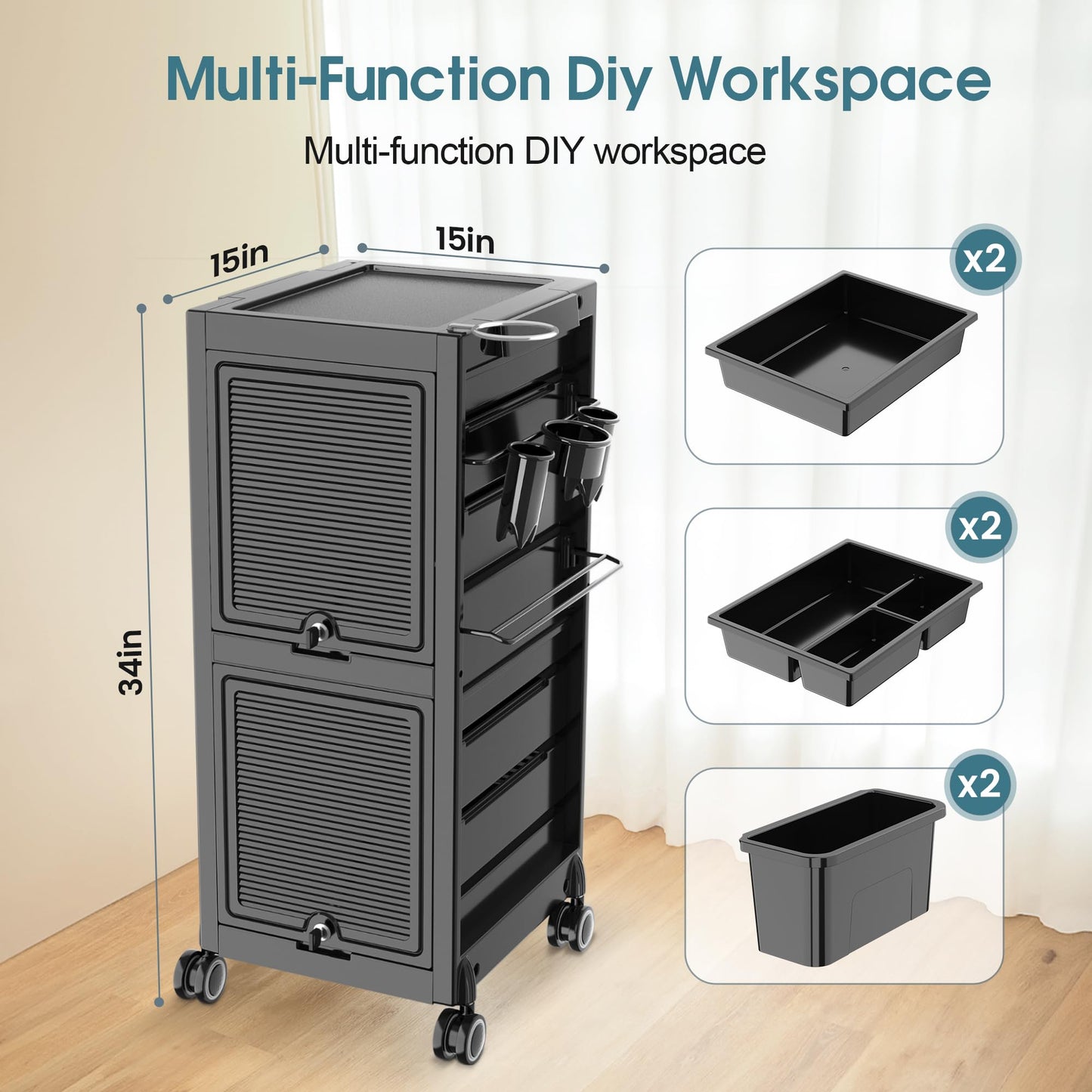 Lockable Salon Trolley Salon Cart on Wheels Rolling Tray Large Storage Salon Trolley W/Towel and Mirror Rack, Heat Resistant Appliance Rack, 4 Remove Drawers, 2 Buckets for Salon Spa Store