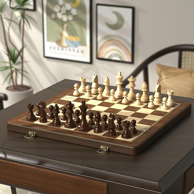 Premium Natural Walnut 15 Magnetic Wooden Folding Chess &amp Checkers Set- 2 in 1 Board Game with 3 King Staunton Pieces and 2 Extra Queens Checkers and Dust-Proof Storage Bag (Black)
