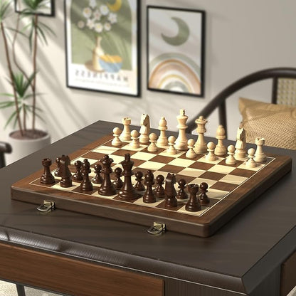 Premium Natural Walnut 15 Magnetic Wooden Folding Chess &amp Checkers Set- 2 in 1 Board Game with 3 King Staunton Pieces and 2 Extra Queens Checkers and Dust-Proof Storage Bag (Red)