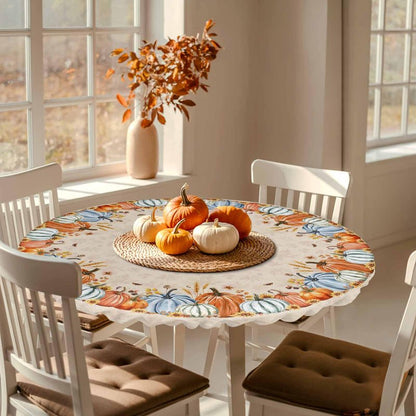 Thanksgiving Round Fitted Tablecloth 45-54inch, Autumn Pumpkin Sunflower Table Cover with Elastic Edged Waterproof Spillproof Table Cloths for Kitchen Dining Patio Holiday Tables, Fall Maple Leaves