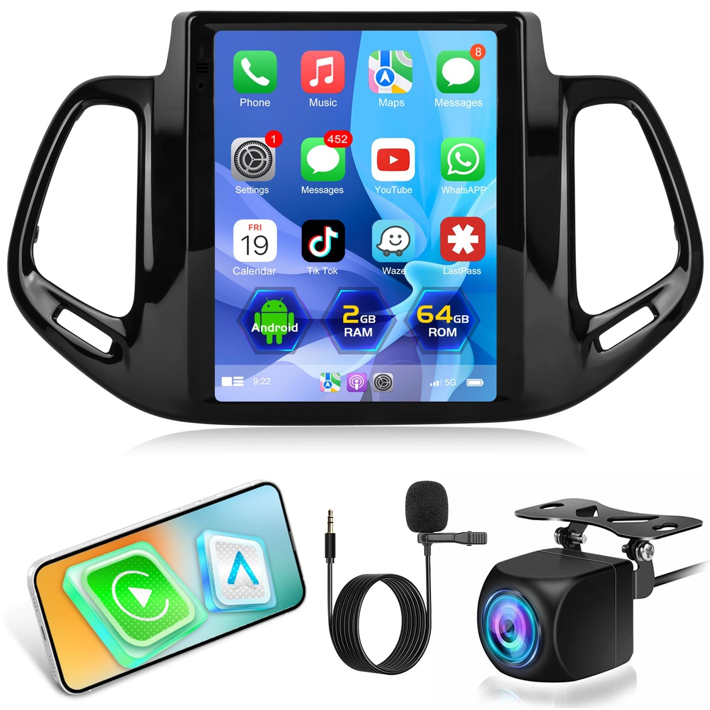 for Jeep Compass Radio 2017 2018 2019, [2+64G] Jeep Compass Car Stereo 9.7 inch Android Touch Screen, Carplay/Android Auto/EQ Audio/1080P/SWC/Bluetooth