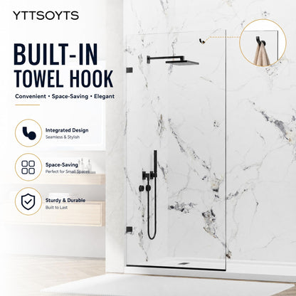 YTTSOYTS Premium Shower Screen 36"×76" Frameless Shower Glass Panel, 3/8'' (10mm) Fixed Glass Shower Panel, Tempered Glass Door Easy Clean Coating, Bathroom Shower Screen with Hook (Matte Black)