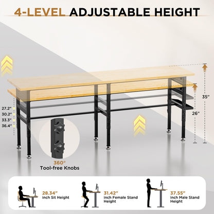 KEIKI 96 Inch Rolling Workbench with Wheels and Side Pegboard, Solid Wood Top Heavy Duty Steel Garage Work Table with Power Outlet and Storage Box, 2000 lbs Capacity, Adjustable Height, Black