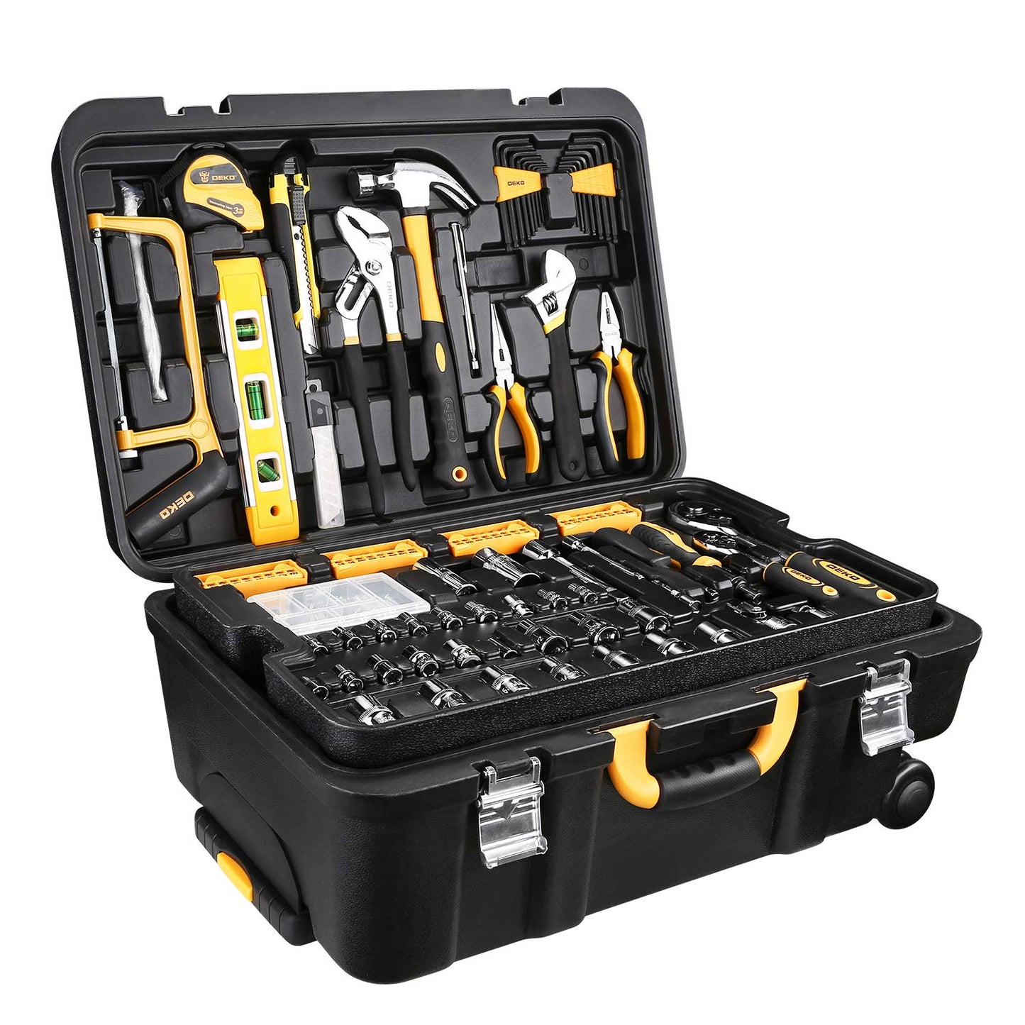 DEKOPRO 258 Piece Tool Kit with Rolling Tool Box Socket Wrench Hand Tool Set Mechanic Case Trolley Portable