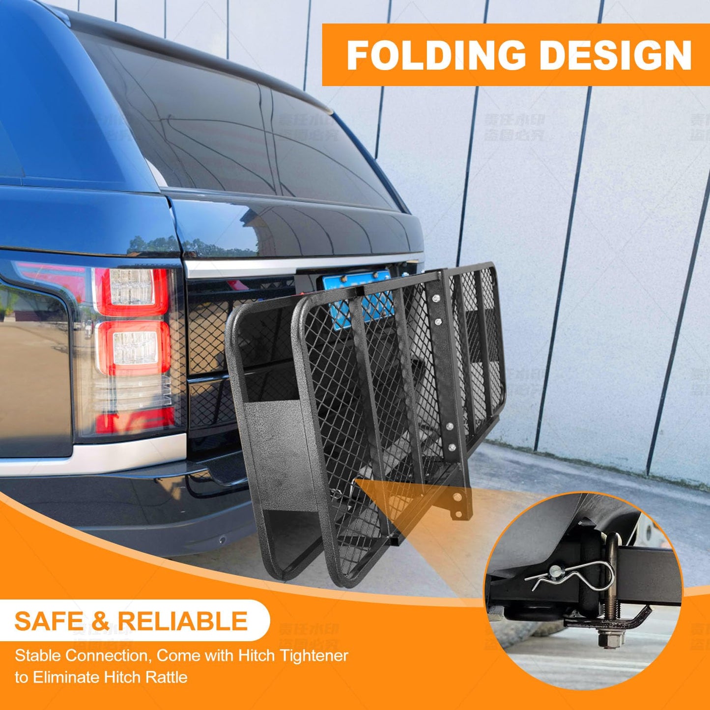 60x 20x 6 Folding Trailer Hitch Mount Cargo Carrier with 58x24x19 Waterproof Bag, Stabilizer, Net & Straps 500LBS Capacity, Powder Coating Luggage Rack Basket Car Storage, Fits 2" Receiver