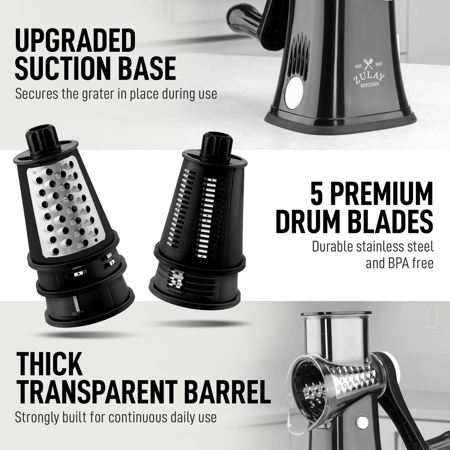 Zulay Kitchen Rotary Cheese Grater 5 Blade Cheese Shredder - Manual Hand Crank Cheese Grater With Reinforced Suction & 5 Interchangeable Drums - Easy to Use, Vegetable Chopper Round Mandoline Slicer