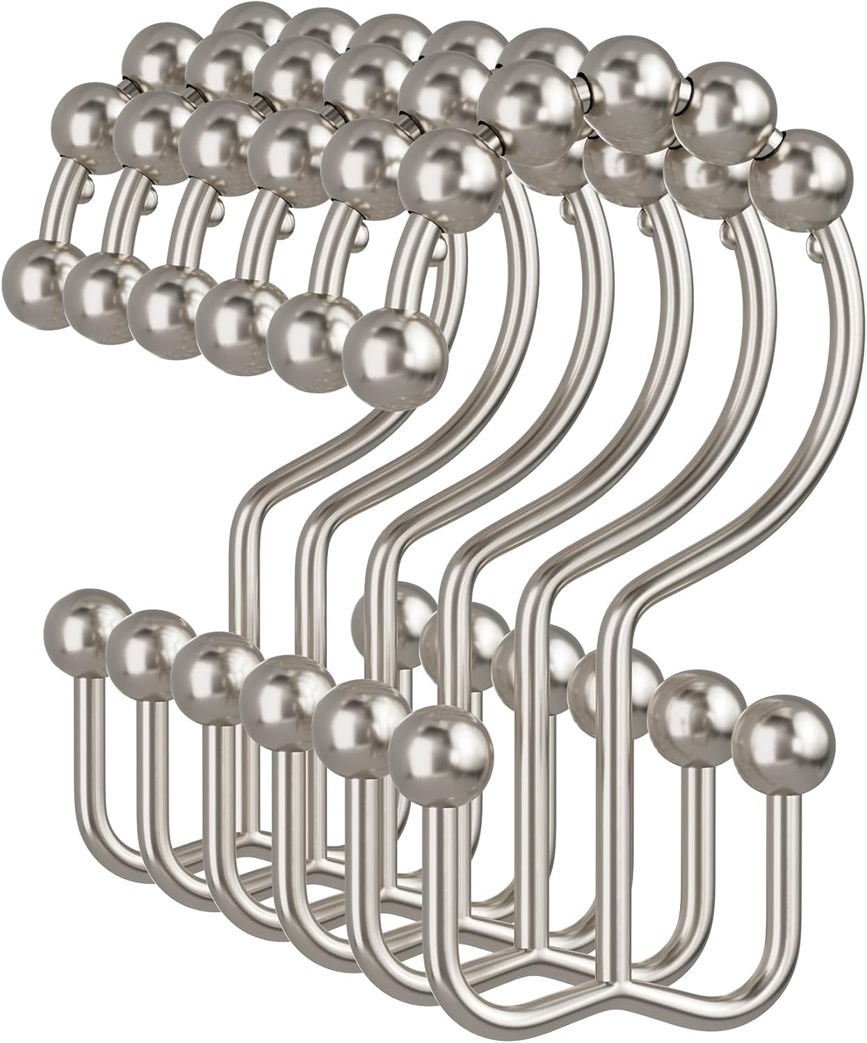 Amazer Shower Curtain Hooks - 12PCS Rust-Resistant Metal Double Rings for Smooth Rolling | Nickel Finish