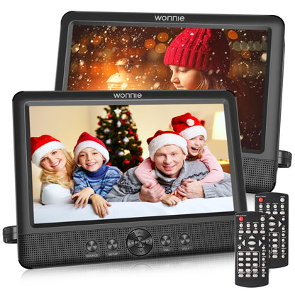 WONNIE 10.5" Two DVD Players Dual Screen for Car Portable CD Player, Play a Same or Two Different Movies with Two Mounting Brackets, 5-Hour Rechargeable Battery, Support USB/SD Card Reader