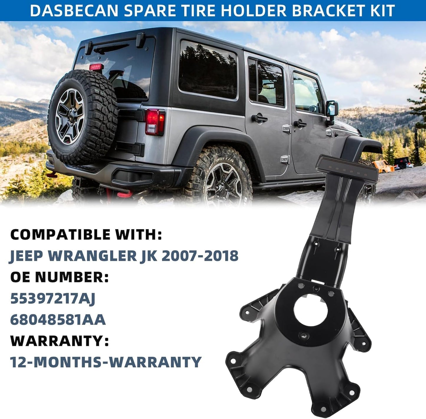 Dasbecan Spare Tire Holder Bracket Tire Carrier Rack Compatible with Jeep Wrangler JK 2007-2018 Replaces# 55397217AJ 68048581AA, High Center Mount 3rd Third Brake Light Assembly with Line,Black