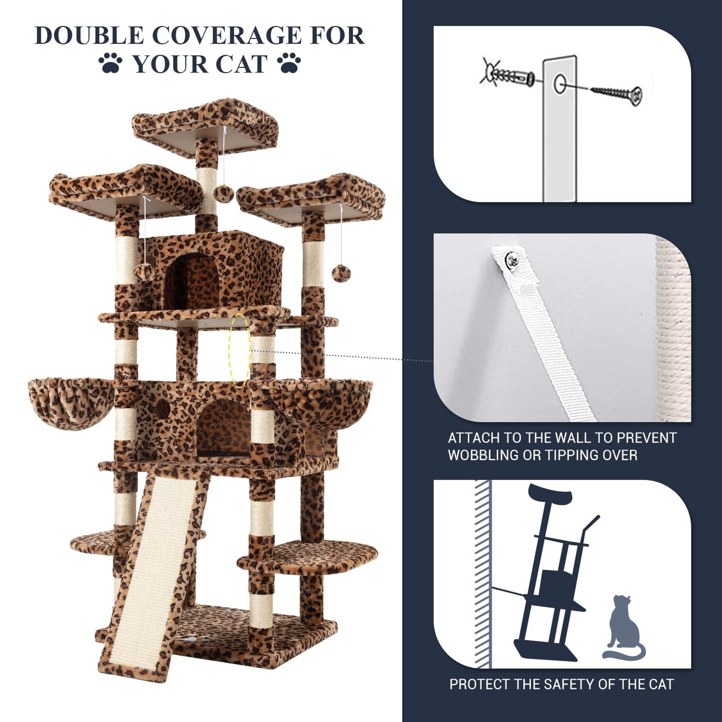 Allewie 68 Inches Cat Tree/House and Towers for Big Feline/Scratching Post/Multi-Level Large Kitty Climbing Tree with Condo/Leopard Print