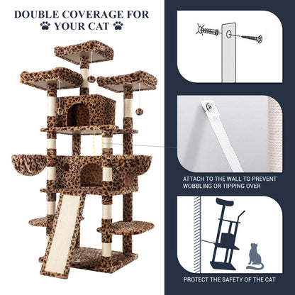 Allewie 68 Inches Cat Tree/House and Towers for Big Feline/Scratching Post/Multi-Level Large Kitty Climbing Tree with Condo/Leopard Print