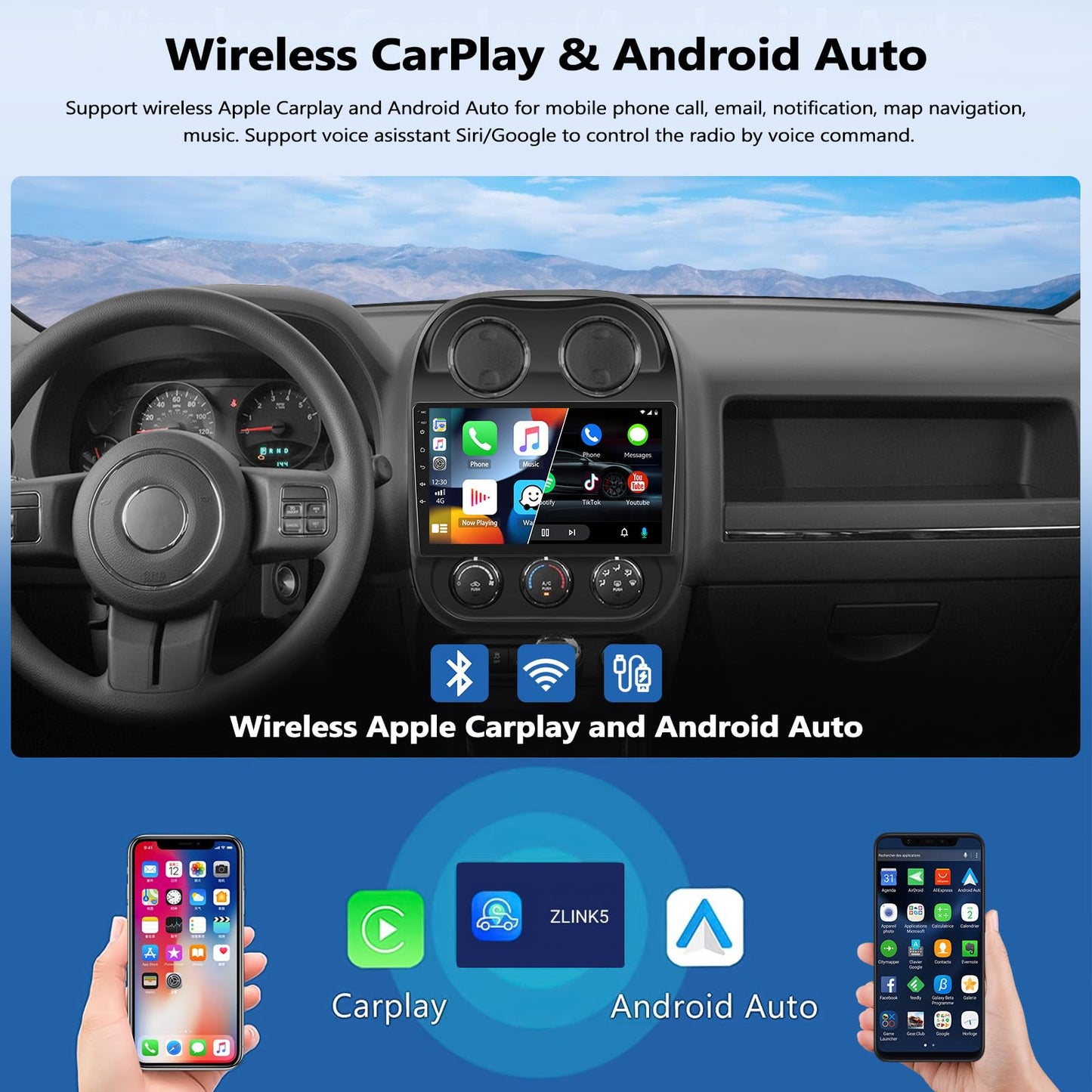 2G+64G Android 13 Car Stereo Radio for Jeep Compass Patriot 2010-2016 with Wireless CarPlay Android Auto, 10.1” Touchscreen Car Radio with Bluetooth, GPS Navigation, WiFi, FM, HD Backup Camera