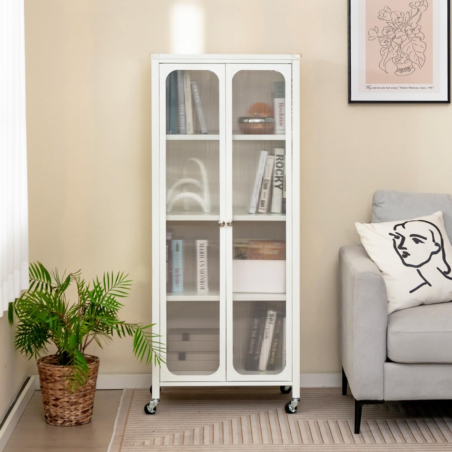 Giantex Bookcase with Doors, 58" Tall 4-Tier Bookshelf with Wheels, Adjustable Shelves, Heavy Duty Metal Frame, Freestanding Display Storage Cabinet for Living Room Bedroom Kitchen Pantry (White)