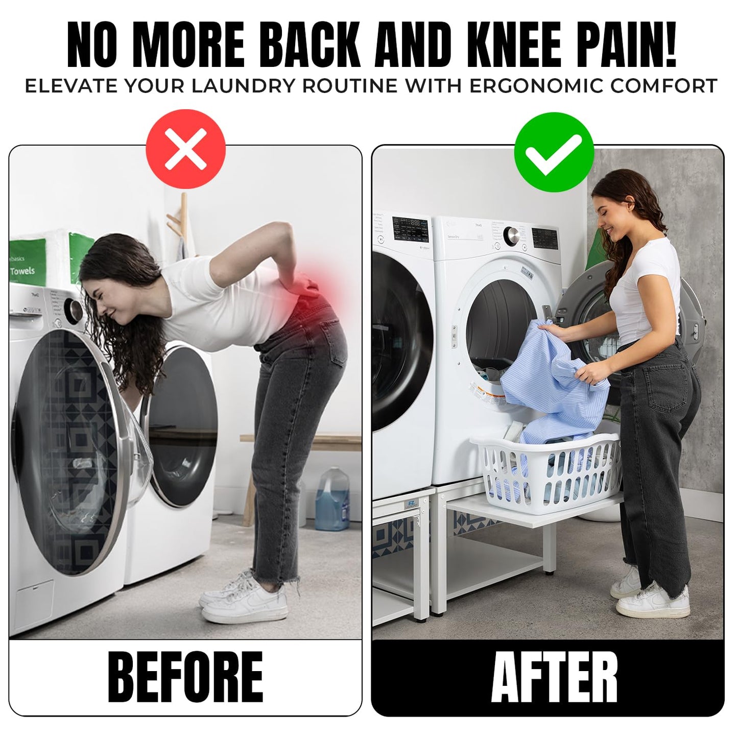 Washer and Dryer Pedestal with Pullout-Shelf - 24" W, 10" H, White Steel Universal Fit with Major Brands | Laundry Pedestal with Drain Pan & Hose | Washer Stand for Back Pain Relief, 800 lbs Capacity