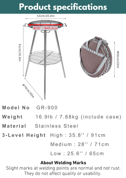 CAMPINGMOON Skottle Grill Cooking System Kit 18 inch Carbon Steel Pan Adjustable Legs Portable Camp Cooking Gear with Carry Bag (Skottle base set GR-900)