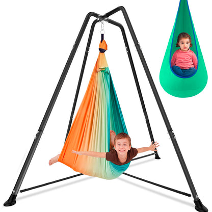 Lingvee Sensory Swing Stand Frame with Pod Chair and Swing Set Kid Heavy Duty Metal Swings Stand Autism Hammock Chair Stands Tree Saucer Round for Adult Indoor Outdoor Backyard Park, Gradient Green