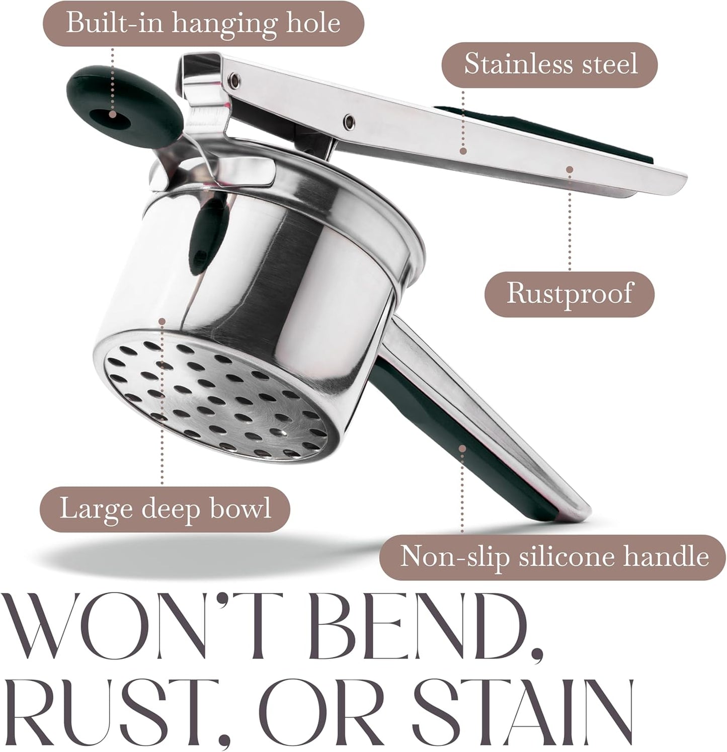 Bellemain 15 oz Large Potato Ricer - Heavy-Duty Stainless Steel Masher with 3 Discs | Ideal for Creamy Mashed Potatoes