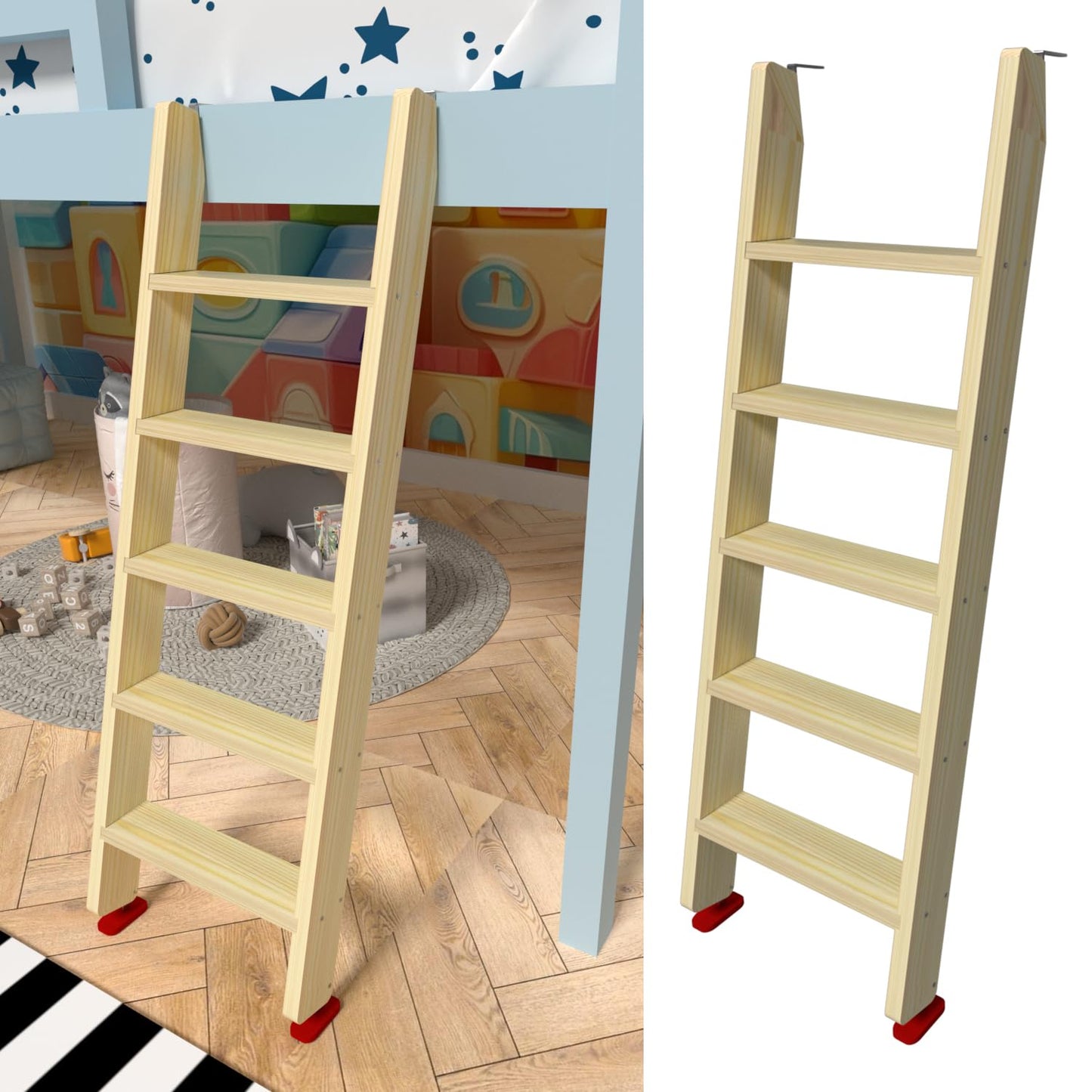 50" 55" 60" Wood Bunk Bed Ladder, Lofted/Dorm/RV Bed Bunkbed Ladders with 4in Extra Wide Steps and Non-Slip Pads, Replacement Wooden Ladder for Motorhome/Camping (Wood Color, 60in /153cm)