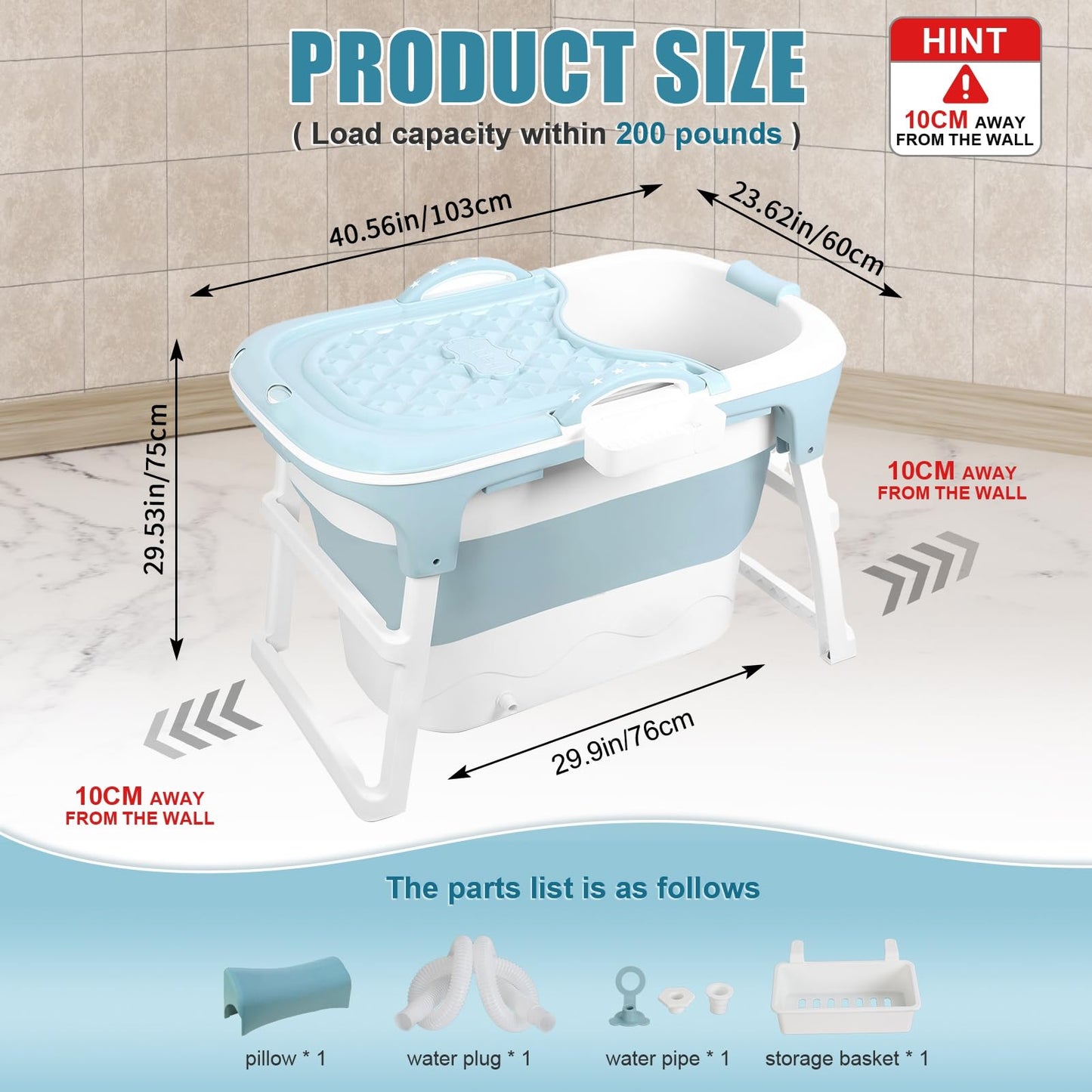 PlayNeew 103cm Portable Folding Bathtub, Small Foldable Soaking Tub with Ergonomic Seat & Massage Roller, Large Collapsible Freestanding Tub for Adults, Hot/Ice Bath Blue