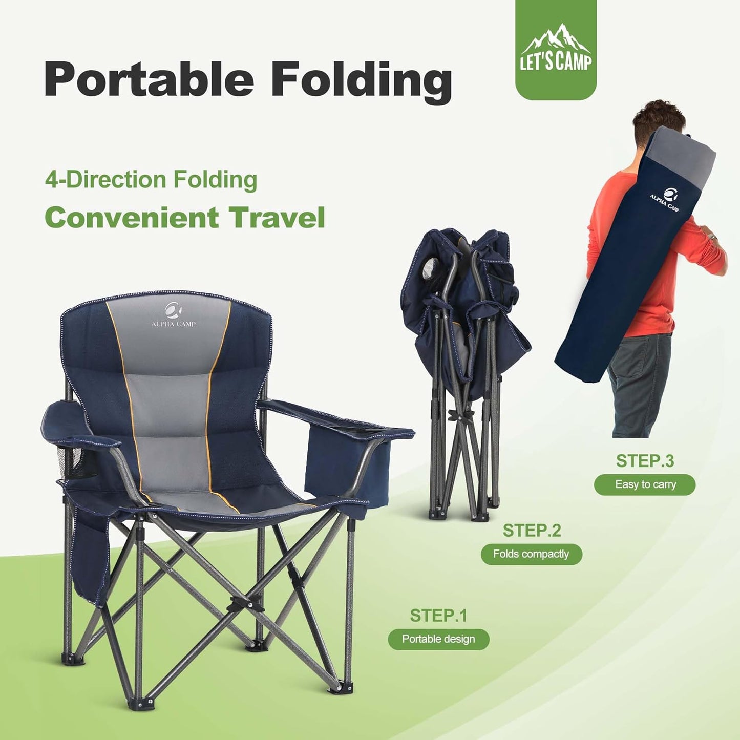 LET'S CAMP Oversized Folding Camping Chair - Heavy Duty Padded with Cup Holder & Cooler Bag | 450 LBS Capacity, 2 Pack
