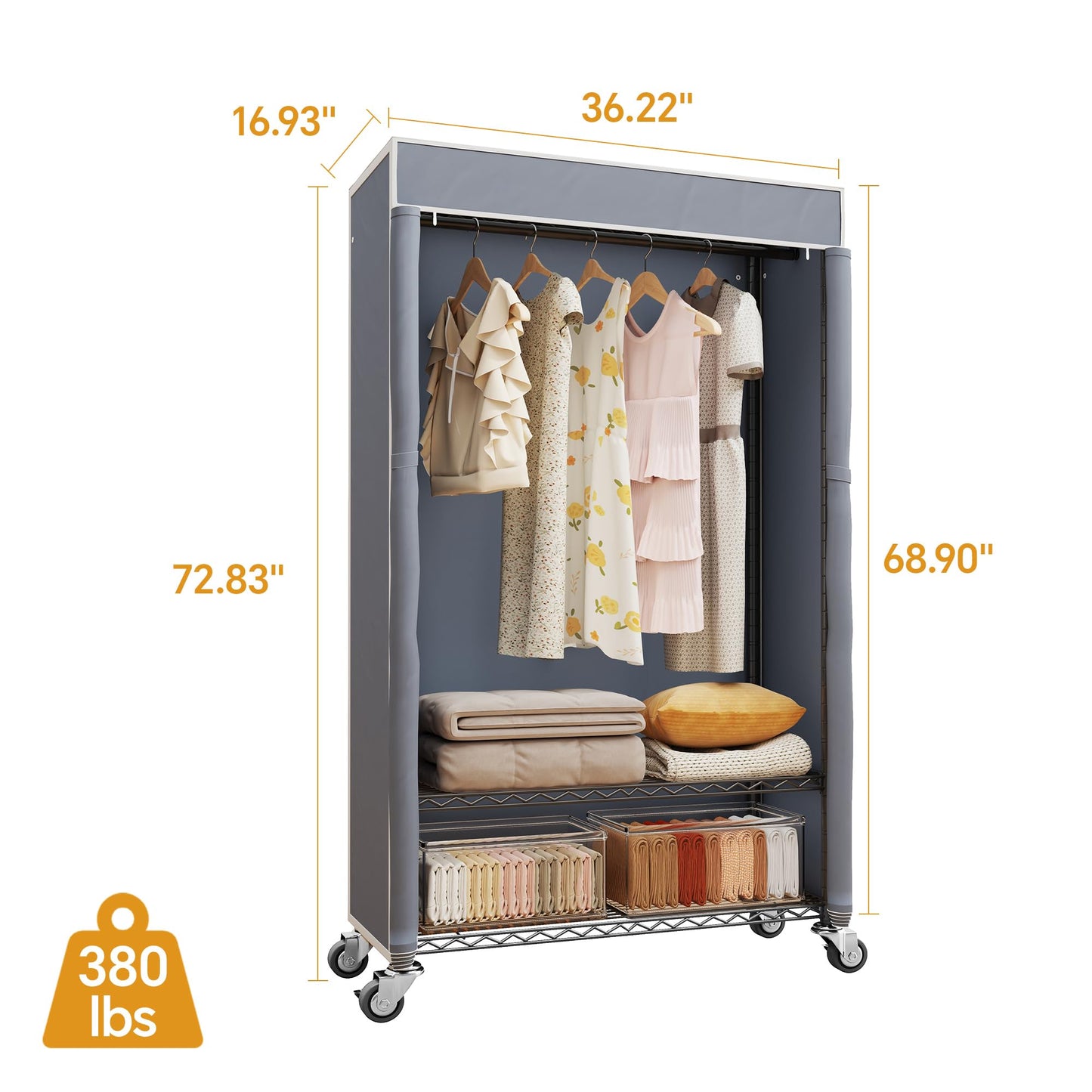 Higeego H4 Heavy Duty Clothes Rack with Cover, Rolling Garment Rack on Wheels, Portable Closet for Hanging Clothes, Black Clothing Rack with Grey Cover, Max Load 380LBS