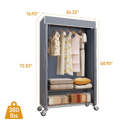 Higeego H4 Heavy Duty Clothes Rack with Cover, Rolling Garment Rack on Wheels, Portable Closet for Hanging Clothes, Black Clothing Rack with Grey Cover, Max Load 380LBS