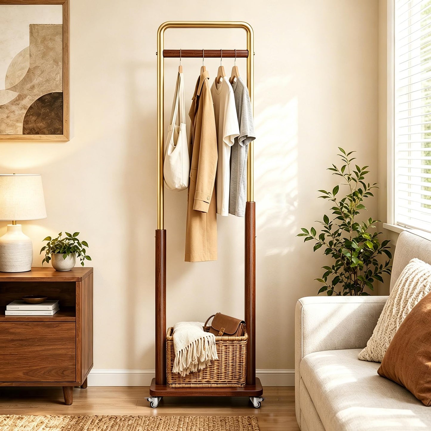 Taitiy Clothes Rack Solid Wood Coat Rack, Metal and Solid Wood Combination Clothing Rack with Wheels for Entryway, Bedroom, Living Room, Coat Racks Freestanding for Hanging Clothes Garment Scarf