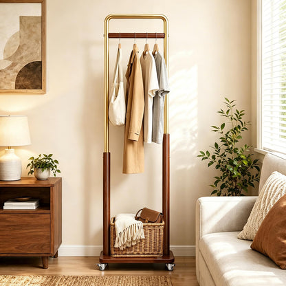 Taitiy Clothes Rack Solid Wood Coat Rack, Metal and Solid Wood Combination Clothing Rack with Wheels for Entryway, Bedroom, Living Room, Coat Racks Freestanding for Hanging Clothes Garment Scarf