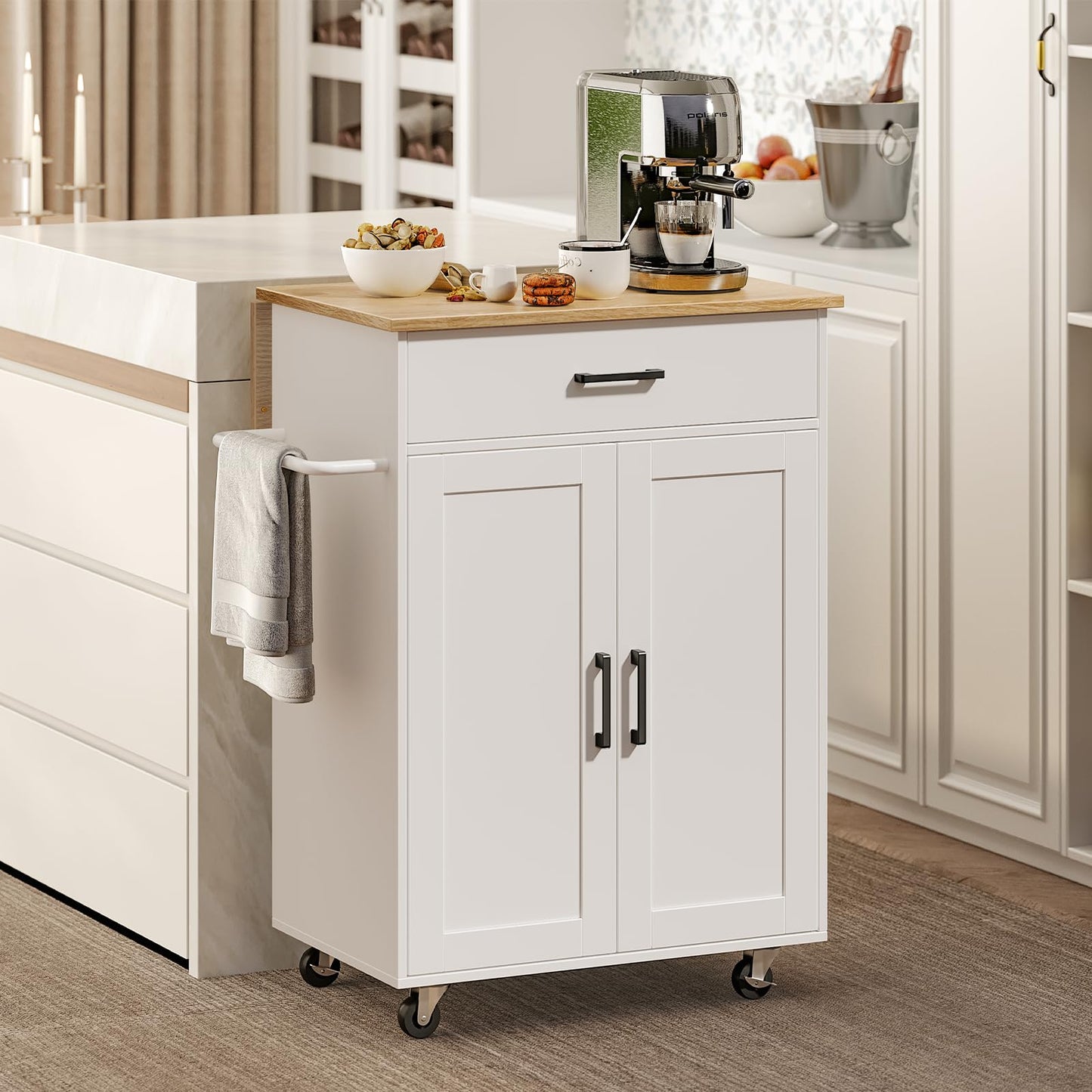 MAHANCRIS Kitchen Island on Wheels with Drop Leaf, Folding Countertop Kitchen Island Cart, Kitchen Island Table with Towel Rack, Drawer, for Kitchen, Dining Room, White and Natural KINW12501