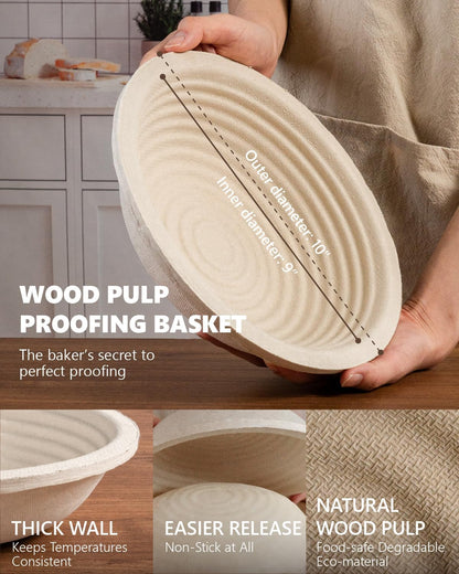Wood Pulp Banneton Bread Proofing Baskets - Set of 2, 9 Inch Round Non-Stick Sourdough Bowls
