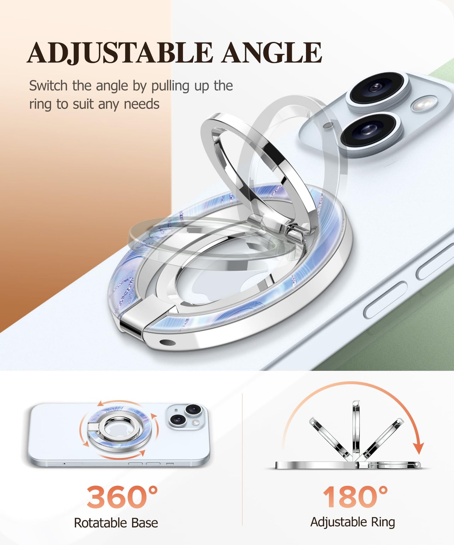 GVIEWIN Magnetic Phone Ring Holder, Compatible with MagSafe Phone Grip with Adjustable Stand, Magnet Phone Ring Kickstand for iPhone 17/16/15/14/13/12 Pro Max Plus Air/Other Phones (Glitter/Silver)