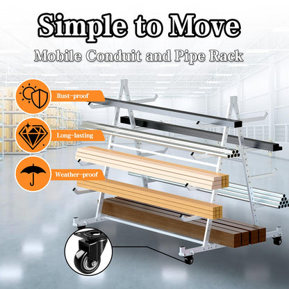 BUYYAH Horizontal Storage Rack with 4 Swivel Wheels, Heavy Duty Mobile Material Handling Conduit Pipe Rack, 5ft x 3.7ft x 4.3ft
