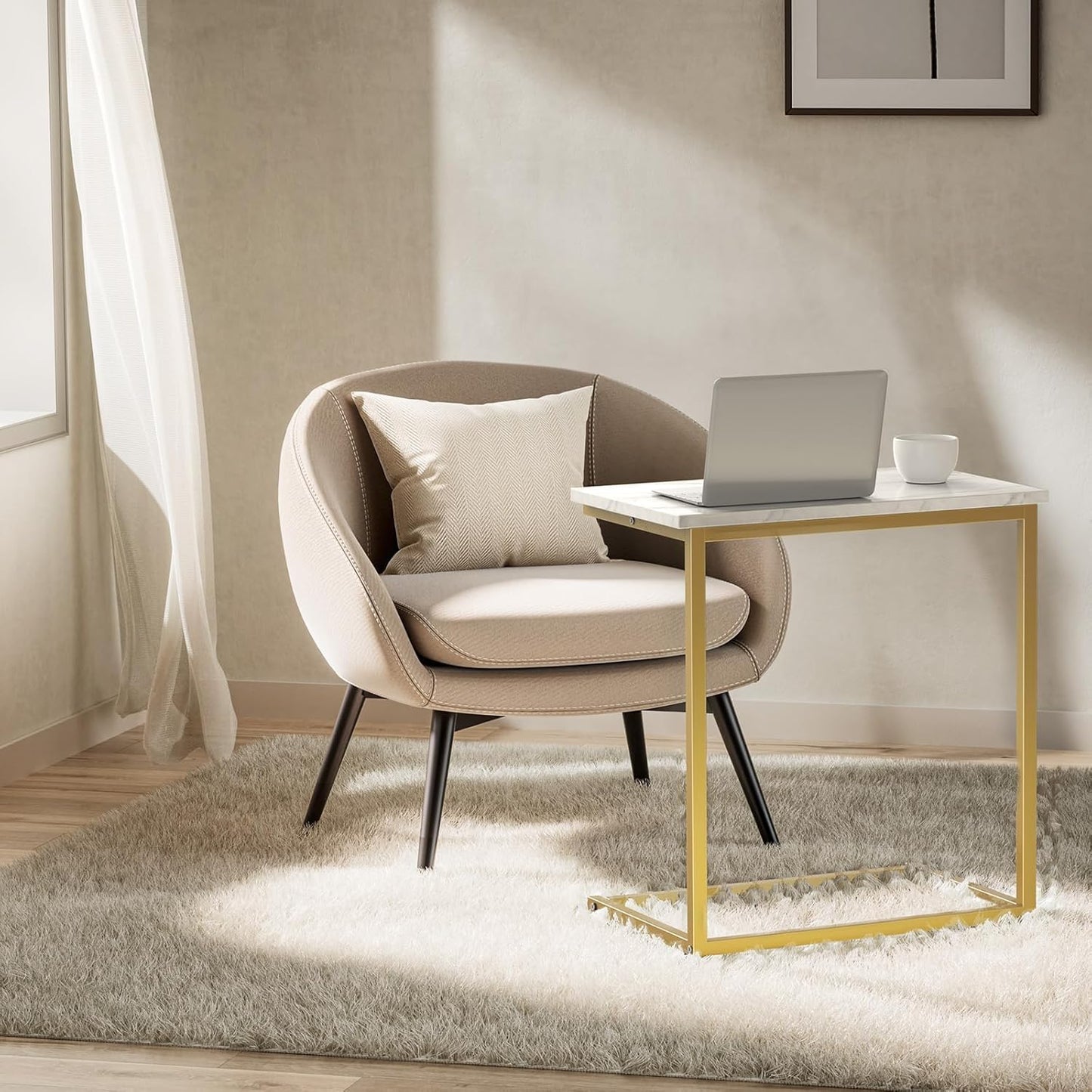Pipishell C Shaped End Table - Modern Marbling Wood Top | 27-Inch Sofa Side Table for Living Room