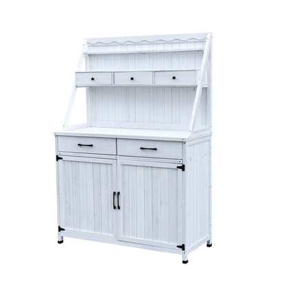 GDFStudio Farmhouse Outdoor Storage Bench Table with Cabinet, Fir Wood Potting Bench Plant Bench, Large Garden Storage Work Bench with Drawers Removable Shelf for Backyard Patio Greenhouse, White