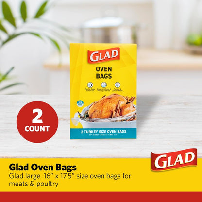 Glad Turkey Size Oven Cooking Bags for Meats and Poultry Weighing 8 to 24 lbs, BPA-Free, Locks in Moisture for Tender Juicy Roasts, Easy Clean-Up, 19 x 23.5 Inch, 2 Count