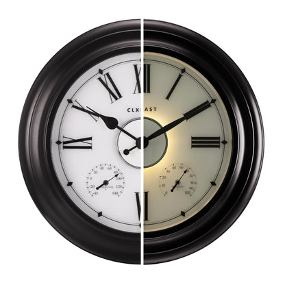 CLXEAST Illuminated Outdoor Indoor Metal Clocks Waterproof 24 inch, Oil Rubbed Bronze Black,Oversized Large Outdoor Roman Numeral Wall Clock with Thermometer & Hygrometer