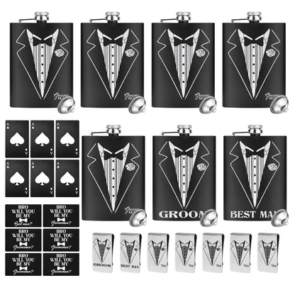 33 Pcs Groomsmen Proposal Gift - 8 Flasks 8 Funnel 8 Bottle Opener 6 Invitation Card 7 Money Clip, Groomsmen Gifts Set of 7 for Wedding