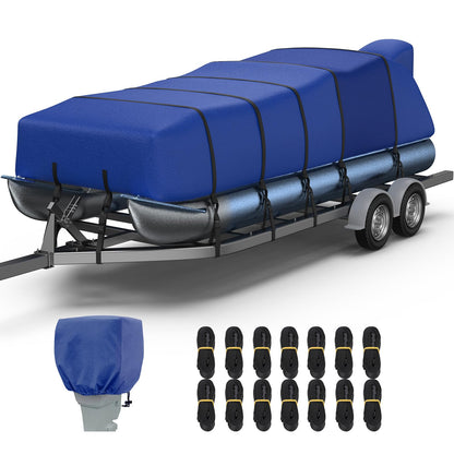 RVMasking Pontoon Boat Cover with Motor Cover, 1400D Heavy Duty Middle Reinforced, Marine Grade Waterproof Boat Cover for Length: 25'-28', Beam Width up to 102", Blue