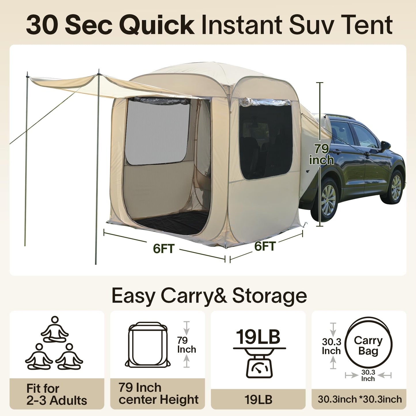 Alvantor® SUV Tailgate Tent with Sunshade Awning, 6x6x6.6ft Waterproof Car Tent for 2-3 People, Instant Pop up SUV Tent with PVC+Oxford+Mesh Material